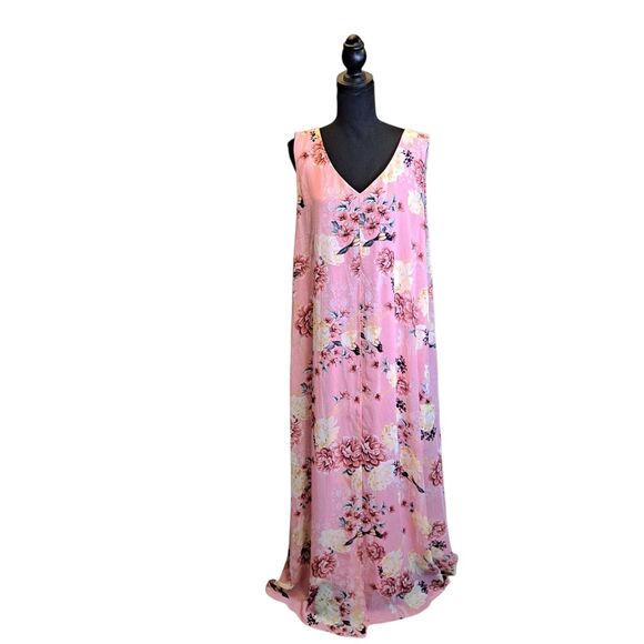 JM Collection Maxi Dress With Overlay Womens XL Pink Floral Sleeveless V-neck - Picture 2 of 8